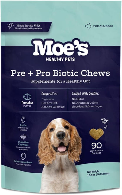 Moe's Probiotic Chews for Dogs 90ct – Pumpkin Flavour Prebiotics & Probiotics for Gut Health, Digestion, Immunity and Itchy Skin Relief