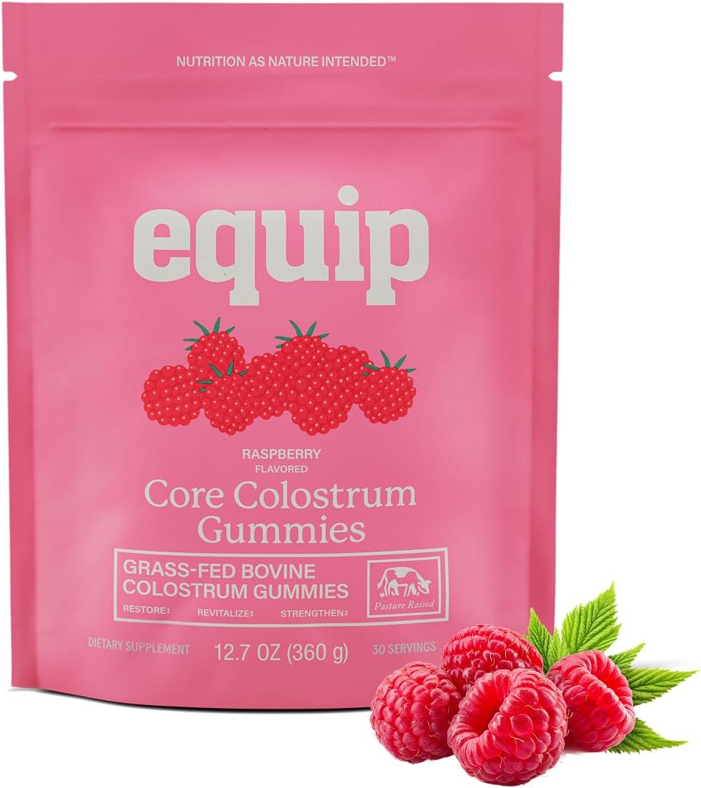 Equip Foods Core Bovine Colostrum Gummies - Delicious 1g Per Serving Grass Fed Colostrum Supplement - Gut Health, Immunity, Recovery, Hair & Skin - 60 Bovine Colostrum Gummies, 30 Servings, Raspberry - görsel 1