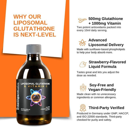 Intelligent Labs Liposomal Glutathione + Vitamin C, Advanced Liquid Antioxidant Formula, 500 mg Reduced L-Glutathione and 1000 mg Vitamin C per Serving, 30 Servings, Soya-free