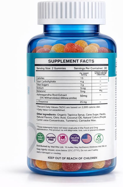 Wellrite Relax Gummy Vitamins with Ashwagandha & Melatonin, 60 Count, Strawberry Flavour