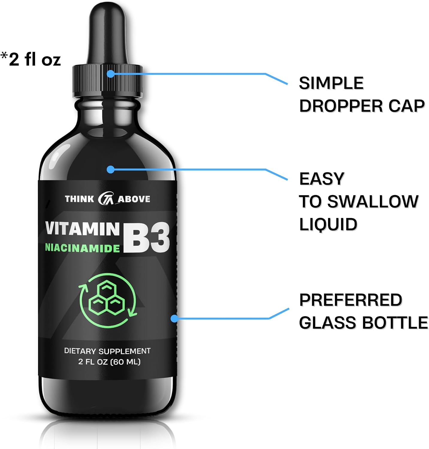 Think Above Vitamin B3 Niacinamide Liquid – Non-Flush Form of Vitamin B3 – Convenient Niacinamide Drops for Women and Men – Easy-to-Swallow 60 ml Bottle - görsel 4