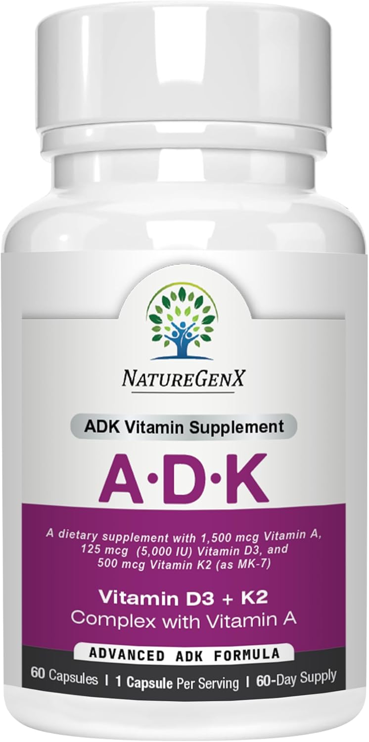 NatureGenX ADK Vitamin Supplement – Vitamins A, D3 & K2 MK-7 for Bone Health & Calcium Absorption – Gluten-Free, Non-GMO, Soya-Free – 60 Capsules (2-Month Supply) - görsel 1