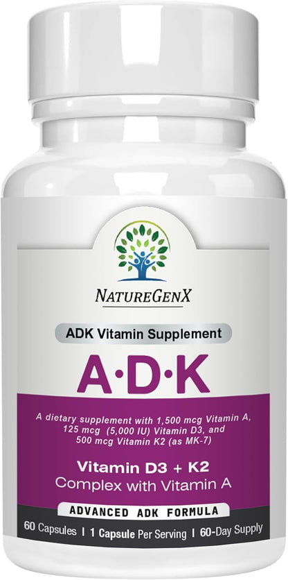NatureGenX ADK Vitamin Supplement – Vitamins A, D3 & K2 MK-7 for Bone Health & Calcium Absorption – Gluten-Free, Non-GMO, Soya-Free – 60 Capsules (2-Month Supply)