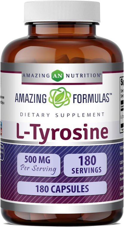 Amazing Formulae L-Tyrosine 500 mg Capsules - Amino Acid Supplement - Non-GM, Gluten-free - 3 Pack (180 Count)