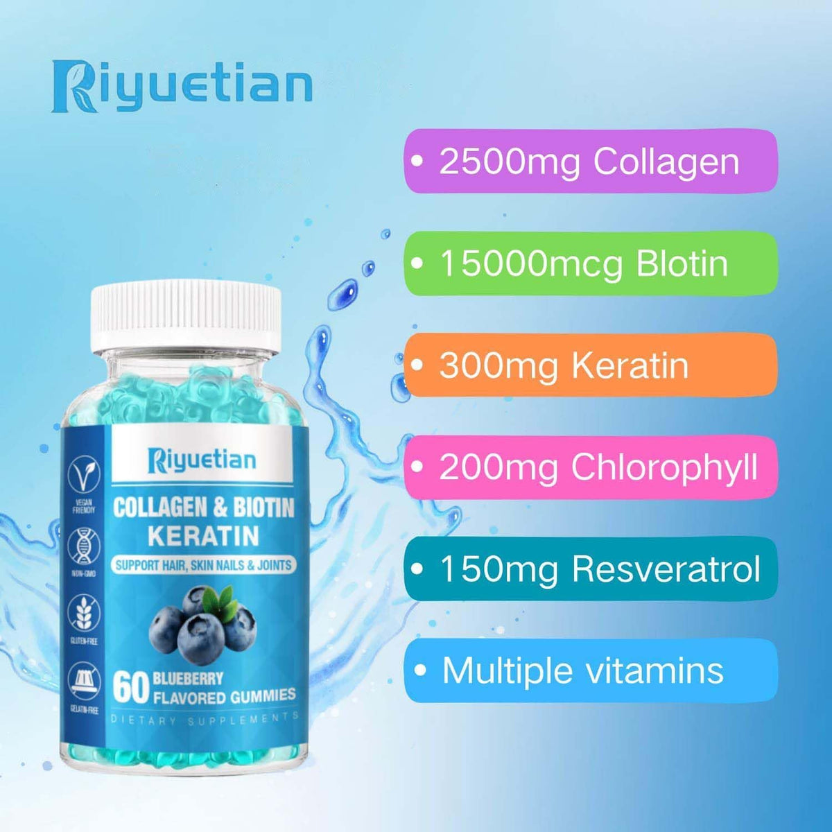 Riyuetian Biotin Gummies 15000mcg with Collagen - Hair, Skin & Nails Support - Vegan, Non-GMO - 60 Gummies - görsel 8