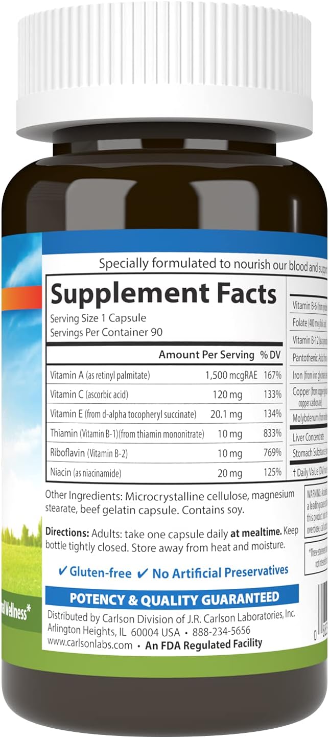 Carlson Blood Nutrients – 28 mg Iron for Blood Development and Optimal Wellness, 90 Capsules - görsel 2
