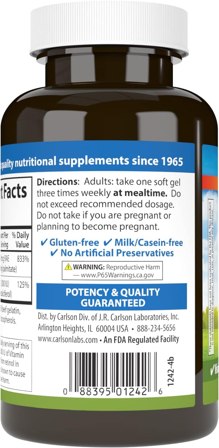 Carlson - A & D, 25000 IU (7500 mcg RAE) Vitamin A, 1000 IU (25 mcg) Vitamin D, Vision Support, Skin Health, 250 Softgels - görsel 3