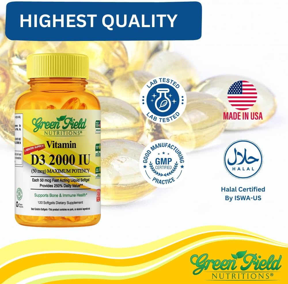 Greenfield Nutritions Halal Vitamin D3 2000 IU Softgels, 120 Count - görsel 5