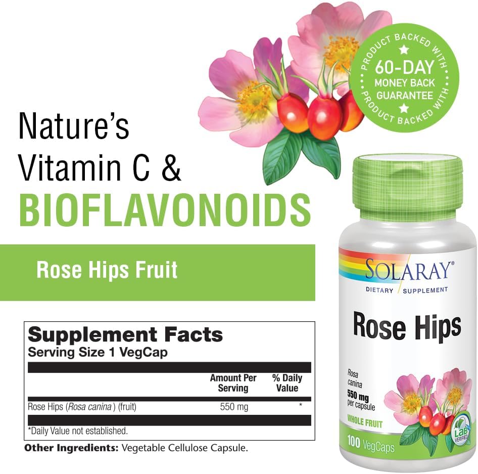Solaray Rose Hips 550 mg - Natural Rose Hips Capsules, Source of Vitamin C, Antioxidants, and Bioflavonoids - 100 Vegan Capsules - görsel 3