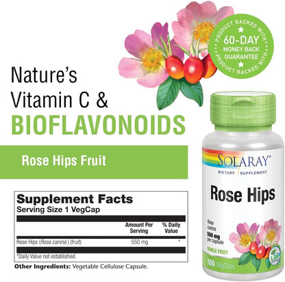 Solaray Rose Hips 550 mg - Natural Rose Hips Capsules, Source of Vitamin C, Antioxidants, and Bioflavonoids - 100 Vegan Capsules