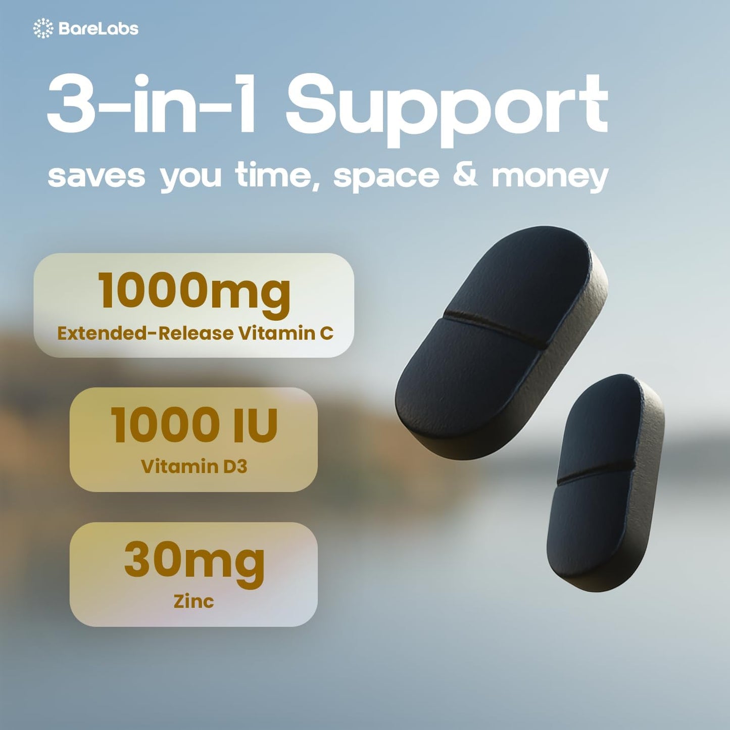 BareLabs Super C Time Release 1000 mg with Vitamin D3 & Zinc - 120 Tablets - görsel 3