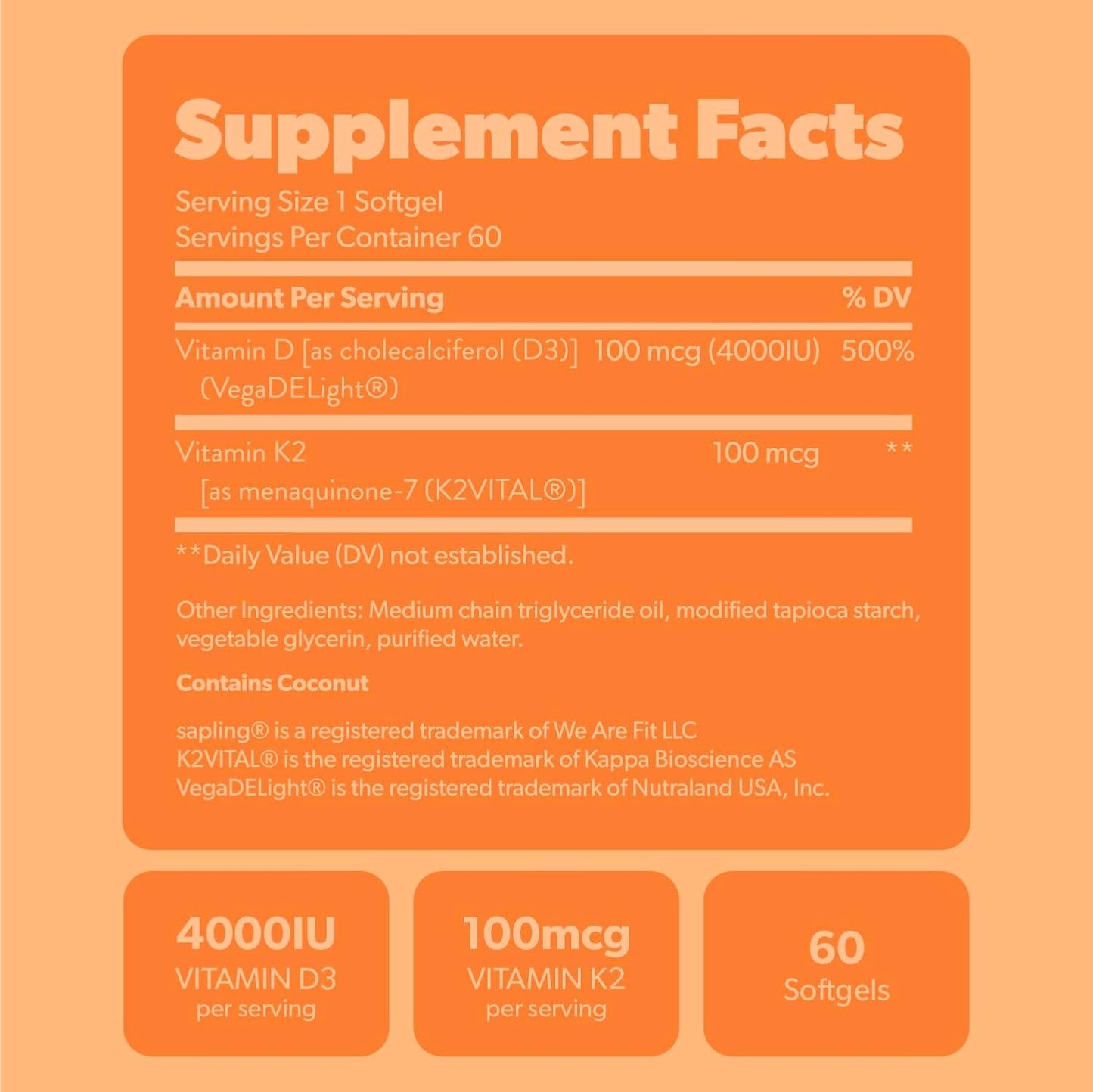 sapling Vegan Vitamin D3 + K2 Food Supplement – 4000 IU Vitamin D, 100mcg Vitamin K2 (MK-7) with MCT Oil – 60 Softgels - görsel 6