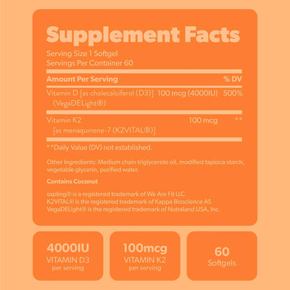 sapling Vegan Vitamin D3 + K2 Food Supplement – 4000 IU Vitamin D, 100mcg Vitamin K2 (MK-7) with MCT Oil – 60 Softgels