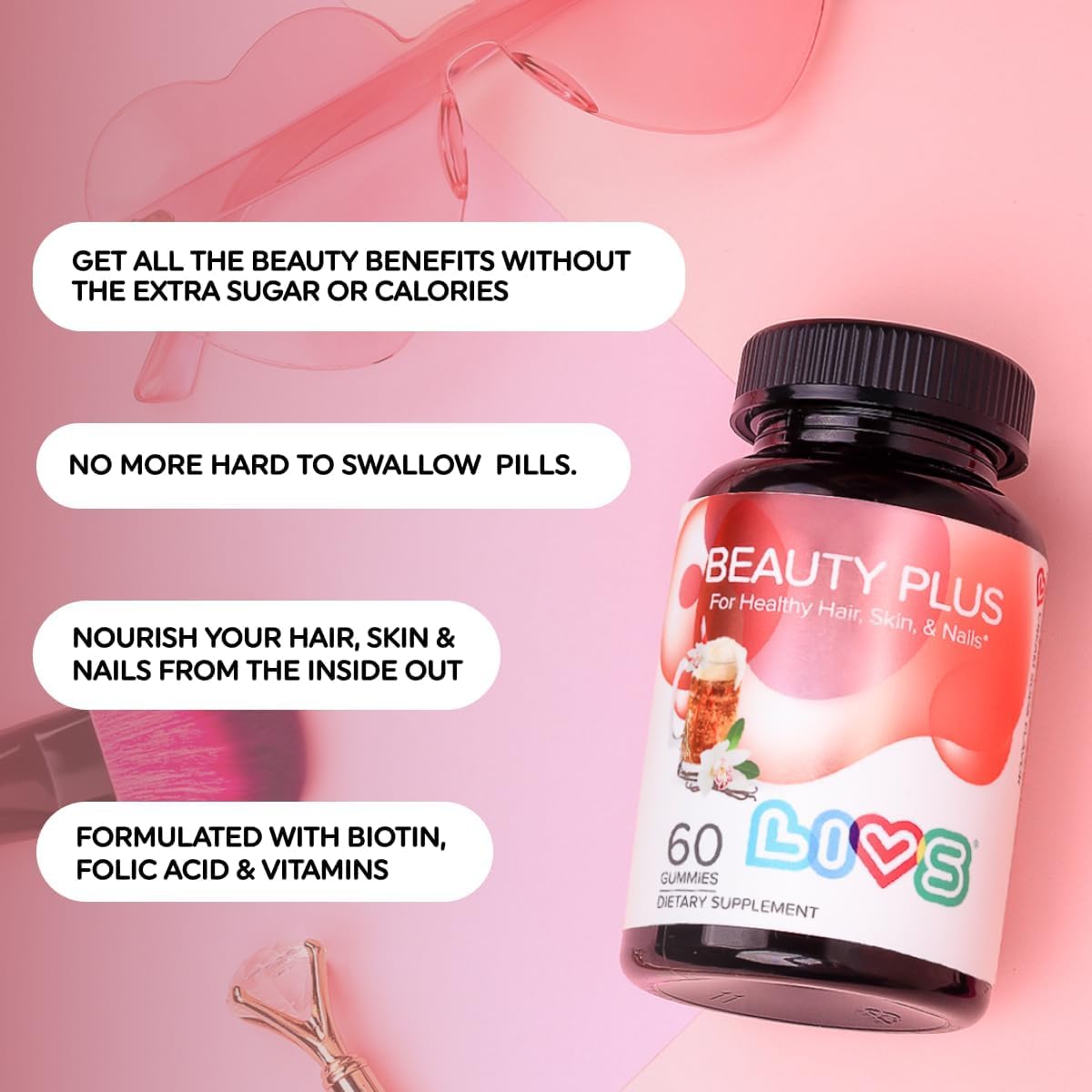 LIVS Beauty Plus Gummy Vitamins - Biotin Gummies for Hair, Skin and Nails | Natural, Gluten-Free, Non-GMO Beauty Supplement with Vitamin A, C, E, B12, D2, Zinc & More - Cream Soda Flavour - 60 Count - görsel 3