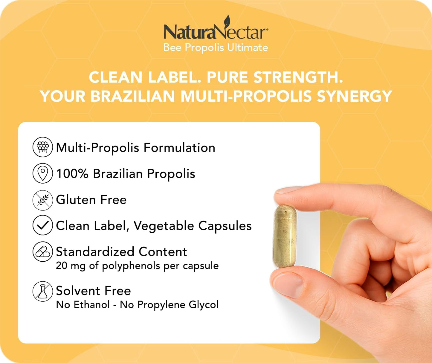 NaturaNectar Ultimate Bee Propolis Capsules – NSF Contents Certified – Brazilian Red, Brown & Green – Gluten-Free Supplement with Flavonoids (60 Capsules) - görsel 2