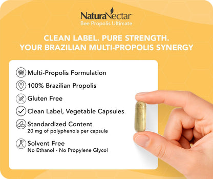 NaturaNectar Ultimate Bee Propolis Capsules – NSF Contents Certified – Brazilian Red, Brown & Green – Gluten-Free Supplement with Flavonoids (60 Capsules)