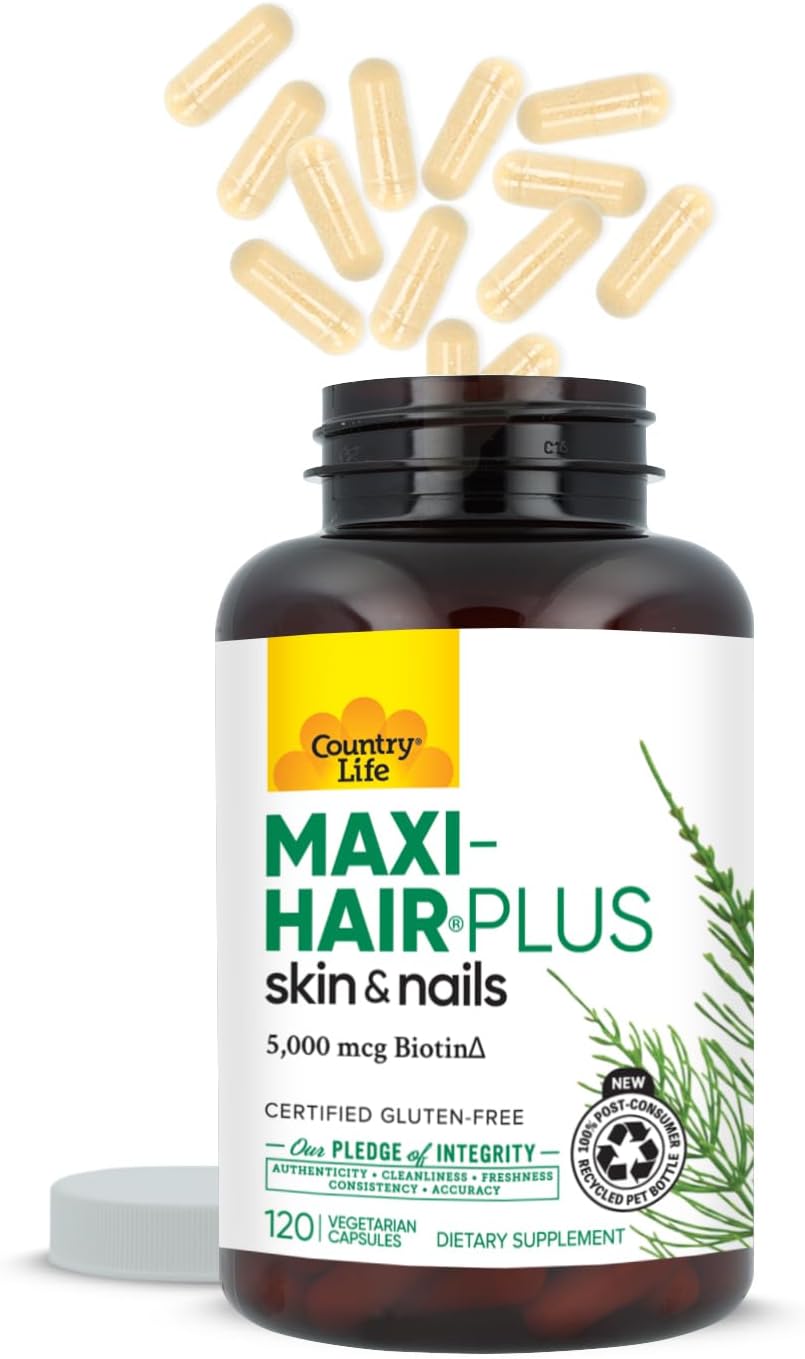 Country Life Maxi-Hair Plus Hair, Skin & Nails Vitamin with 5,000 mcg Biotin - 120 Vegetarian Capsules - görsel 5
