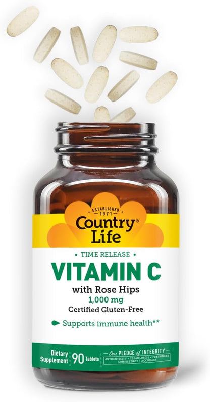 Country Life Vitamin C 1000 mg with Rose Hips – Time Release – 90 Tablets