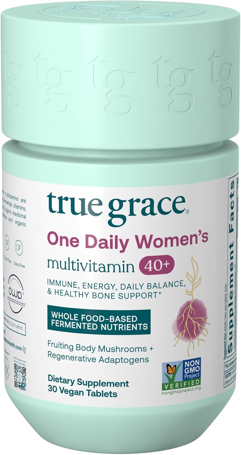 True Grace One Daily Women’s Multivitamin 40+ with Fermented Minerals, Organic Adaptogens & Mushrooms for Energy, Immune & Bone Support - Non-GMO - Iron, Gluten & Soya Free - 30 Vegan Tablets - görsel 1