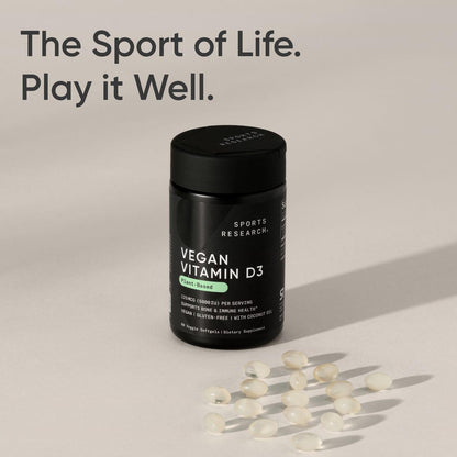 Sports Research Vegan Vitamin D3 5000 IU (125 mcg) with Coconut Oil – 100% Plant-Based Vitamin D for Bone, Muscle & Immune Health – 60 Softgels