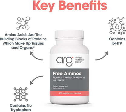 ARG Free Aminos - Free Form Amino Acid Complex with 5-HTP - Essential Amino Acids for Muscle and Neurological Support - 100 Vegetarian Capsules