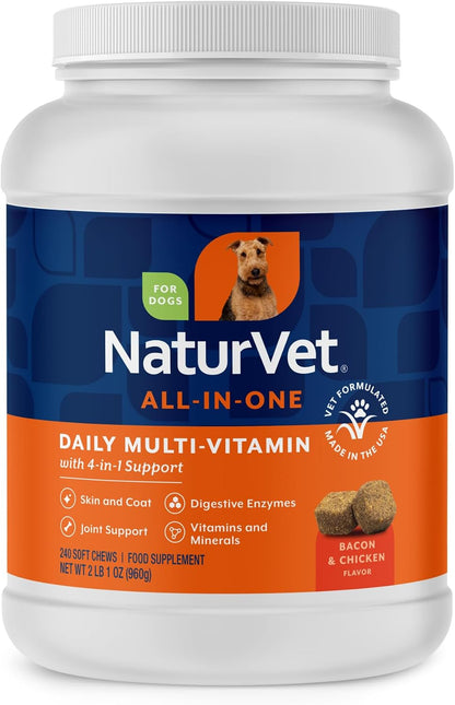NaturVet All-in-One Dog Supplement - for Joint Support, Digestion, Skin & Coat Care – Dog Multivitamins with Minerals, Omega-3, 6, 9 – Wheat-Free Vitamins for Dogs – 240 Soft Chews