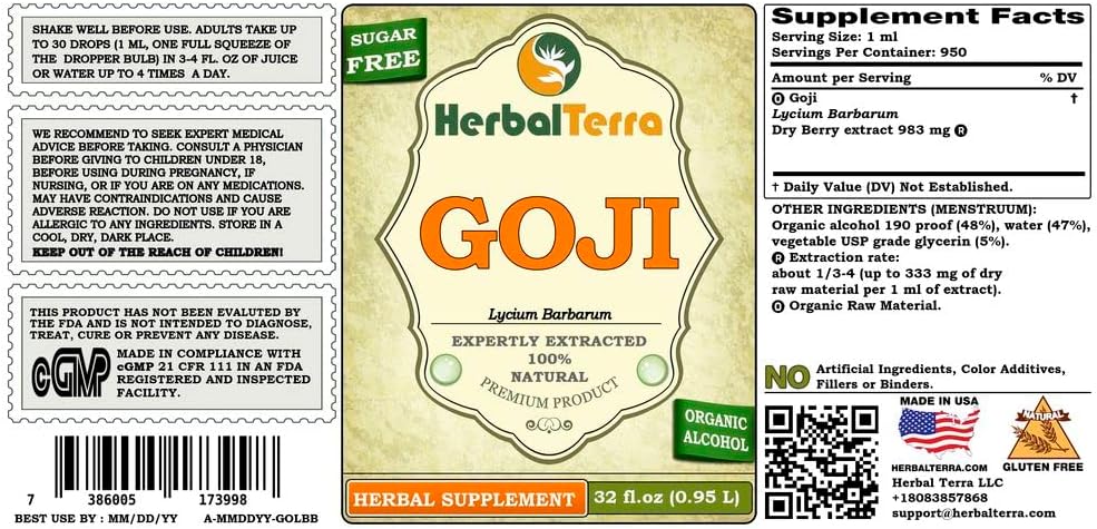 HerbalTerra Goji Berry Tincture - Organic Dried Berries Liquid Extract, 950 ml - görsel 2