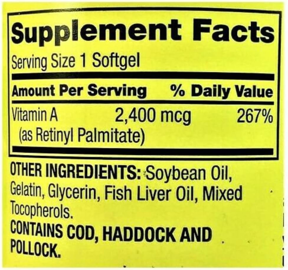 Spring Valley Vitamin A 2400 mcg Softgels - 250 Capsules - görsel 3