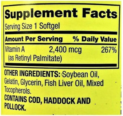 Spring Valley Vitamin A 2400 mcg Softgels - 250 Capsules