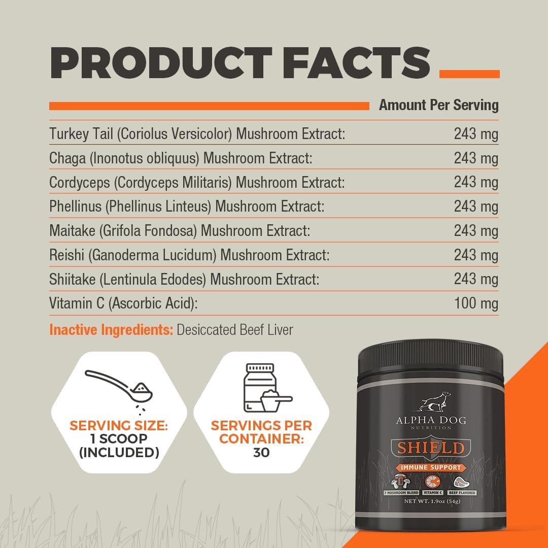 Shield Allergy & Immune Support Supplement for Dogs by Alpha Dog Nutrition – 7 Nutritional Mushroom Powder Complex with Vitamin C – Up to 60 Servings for Small Breed Dogs, 54g - görsel 4