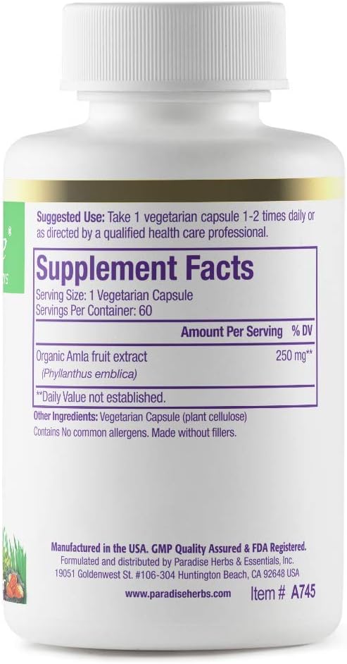Paradise Herbs Amla, 250 mg Organic Whole Spectrum Vitamin C, Antioxidant, Superfood, Quality Ayurvedic Supplement, 60 Vegetarian Capsules - görsel 7