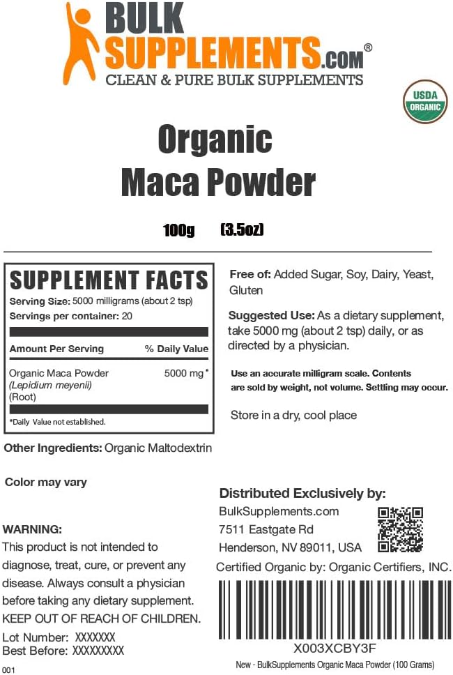 BulkSupplements.com Organic Maca Powder - Organic Maca Root Powder, Superfood Supplement - Gluten-free, 5g per Serving, 100g - görsel 6