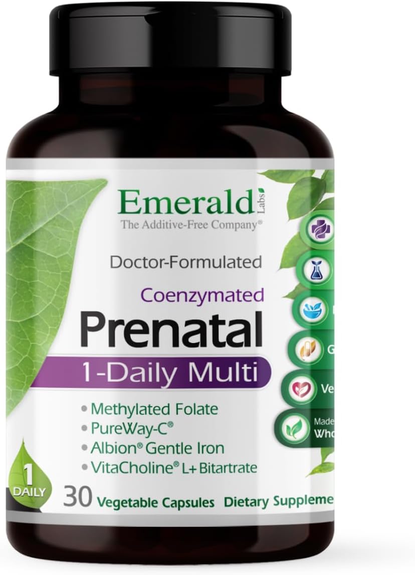 Emerald Labs Prenatal 1-Daily Multi - Prenatal Multivitamin with Methylated Folate, Iron, Whole-Food Blend & More, 30 Vegetable Capsules - görsel 1