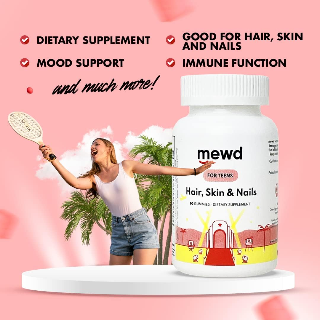MEWD Hair, Skin & Nails Support Multivitamin Gummies for Teens and Children - Biotin with Zinc, Vitamins A, D3, B1, B2, B6 & B12 - Gluten-Free, Non-GMO - 60 Count - Made in the USA - görsel 5