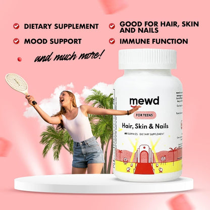 MEWD Hair, Skin & Nails Support Multivitamin Gummies for Teens and Children - Biotin with Zinc, Vitamins A, D3, B1, B2, B6 & B12 - Gluten-Free, Non-GMO - 60 Count - Made in the USA