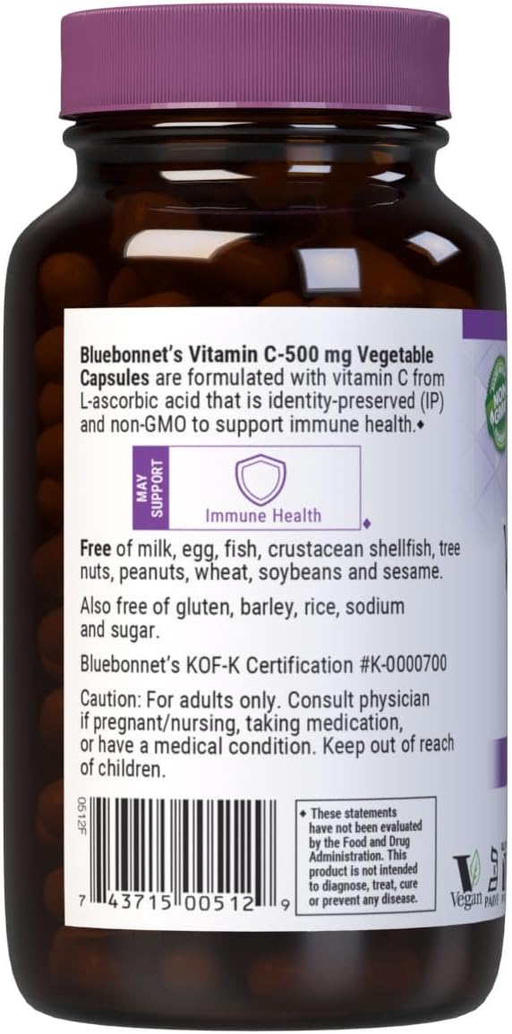 Bluebonnet Nutrition Vitamin C 500 mg Vegetable Capsules - Ascorbic Acid for Immune and Skin Health - görsel 3