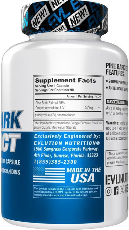 Evlution Nutrition Pine Bark Extract – Antioxidant Support – 240 mg Pine Bark Extract Per Capsule – 95% Proanthocyanidins – Vegan & Non-GMO – Dietary Supplement – 90 Servings – 90 Veggie Capsules
