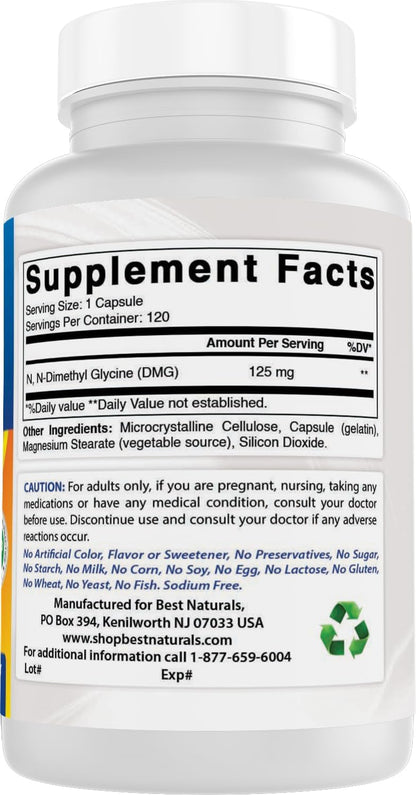 Best Naturals DMG 125 mg - 120 Capsules – Ingredients: Opt for non-GMO, gluten-free formulations without – Image 6