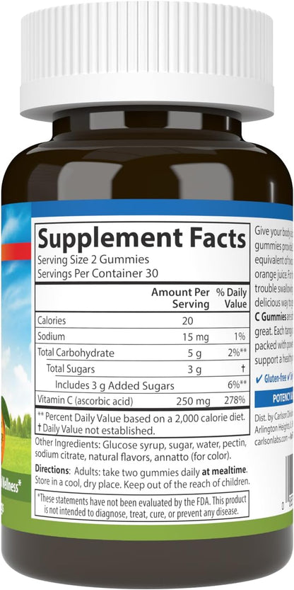 Carlson - Vitamin C Gummies, 250 mg, Immune Support & Antioxidant Power, Orange, 60 Vegetarian Gummies