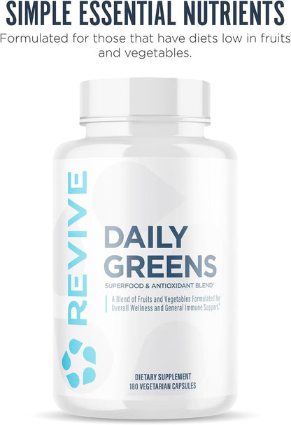 Revive MD Daily Greens - Superfood & Antioxidant Blend with Digestive Enzymes, Prebiotics and Probiotics - 180 Capsules