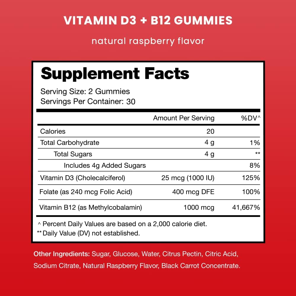 NutraChamps Vitamin D3 & B12 Gummies with Methyl B12 and Folate - For Energy, Mood & Immune Support - Raspberry, 60 Gummies - görsel 2