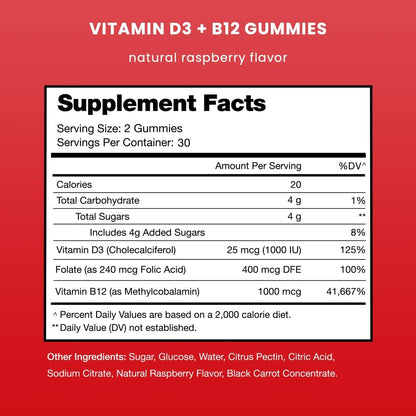 NutraChamps Vitamin D3 & B12 Gummies with Methyl B12 and Folate - For Energy, Mood & Immune Support - Raspberry, 60 Gummies