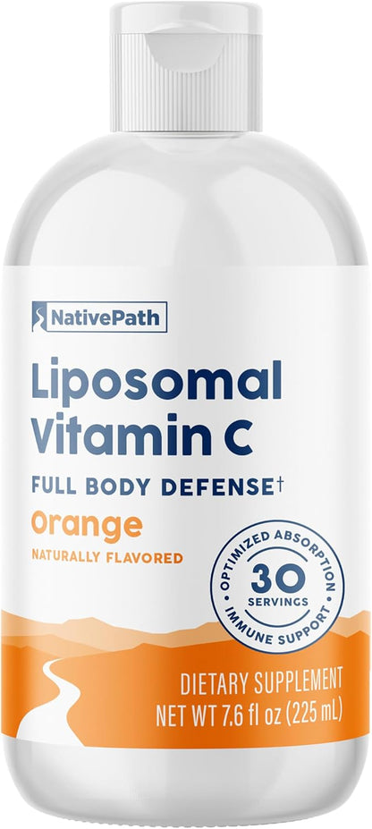 NativePath Liposomal Vitamin C 500mg from Whole-Food Amla Fruit - Soya-Free Egg Yolk Lecithin Liposomes - Orange Flavour Liquid for High Absorption Daily Immune & Collagen Support - 30 Servings