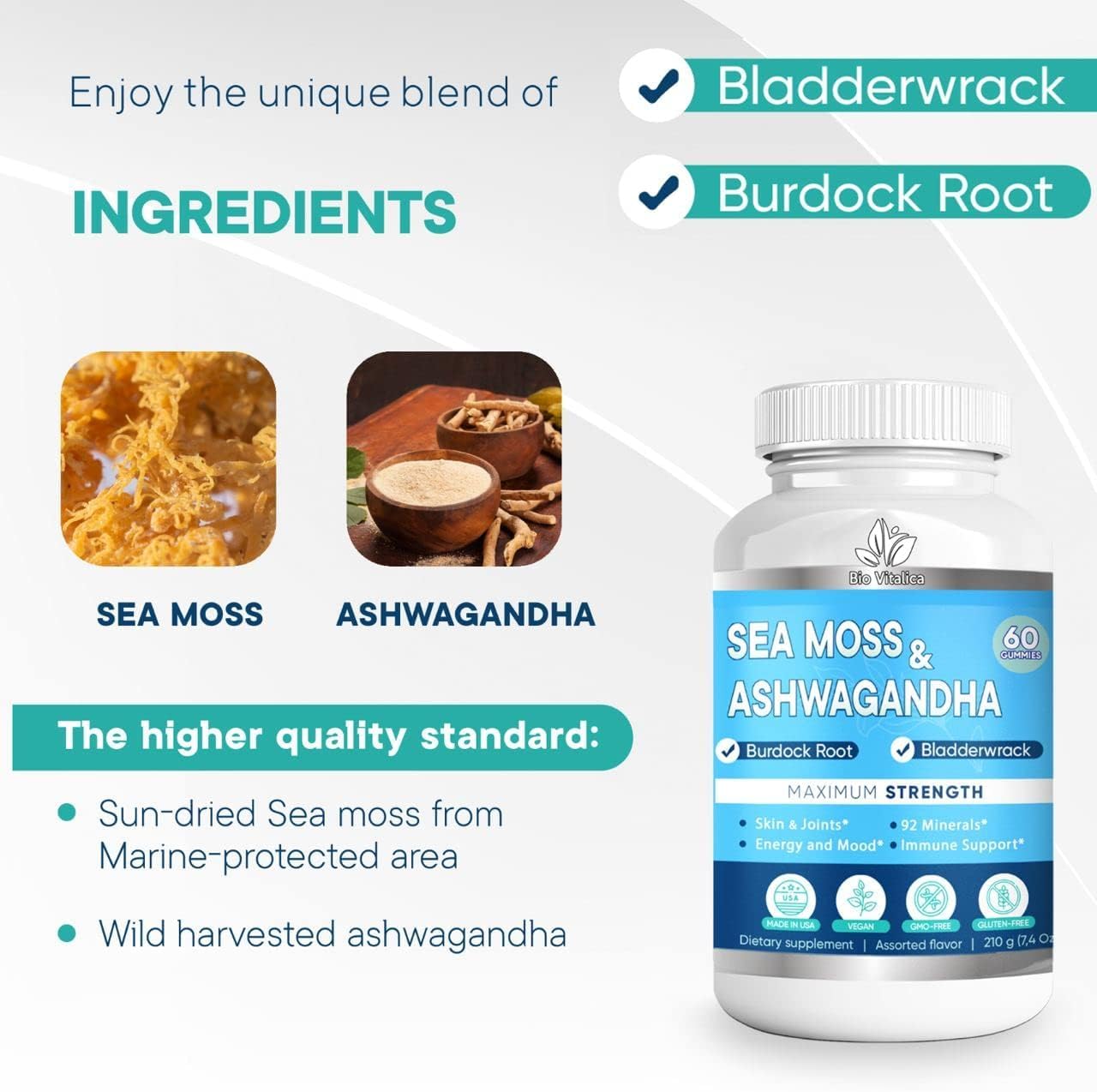 BIO VITALICA Sea Moss Ashwagandha Gummies - Organic Irish Sea Moss Blended with Burdock Root & Bladderwrack - Natural Energy & Calm Support for Adults - 60 Vegan Count - görsel 3
