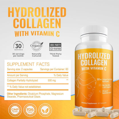 Aura Vitamin Hydrolysed Collagen with Vitamin C and Hyaluronic Acid Capsules, 500 mg, 120 Capsules (2 Bottles)