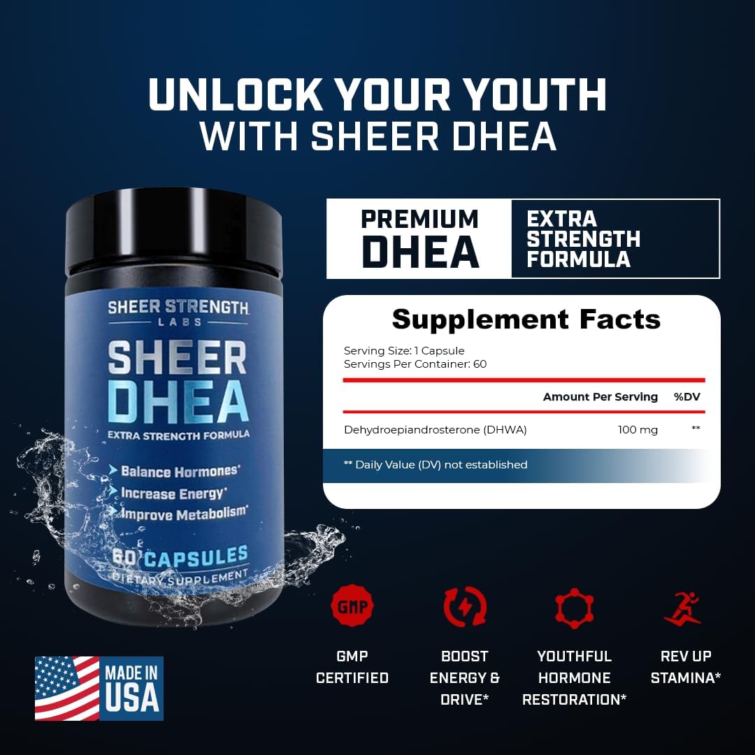 Sheer Strength Labs DHEA 100mg Supplement - Pure DHEA for Men and Women - Enhanced Absorption - 60 Capsules - görsel 2