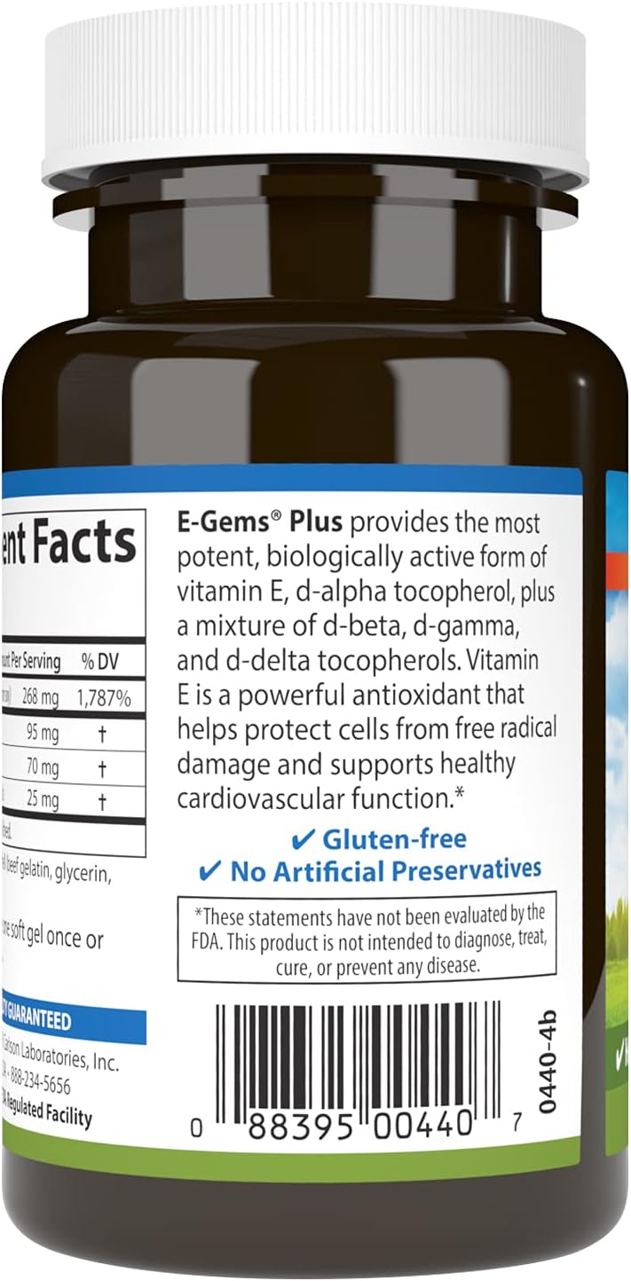 Carlson Labs E-Gems Plus Natural Vitamin E, 400 IU, 50 Softgels - görsel 3