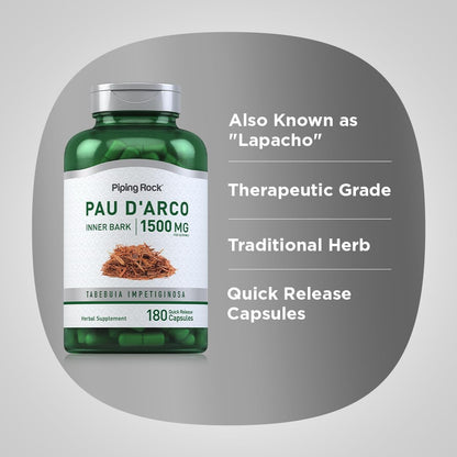 Piping Rock PAU D'Arco Capsules | 1500 mg | 180 Capsules | Inner Bark | Herb Extract Supplement | Non-GMO, Gluten-free