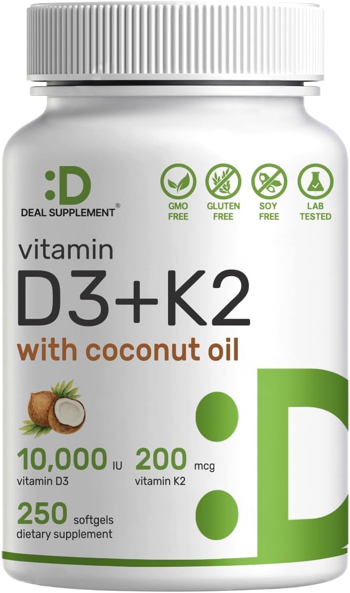 DEAL SUPPLEMENT Vitamin D3 10,000 IU with K2 MK7 200mcg Softgels, 250 Count - görsel 1