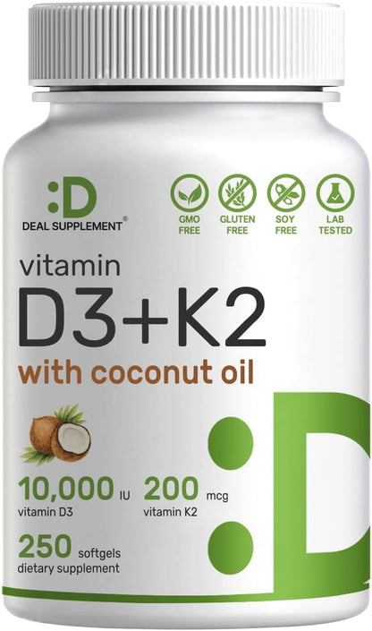 DEAL SUPPLEMENT Vitamin D3 10,000 IU with K2 MK7 200mcg Softgels, 250 Count